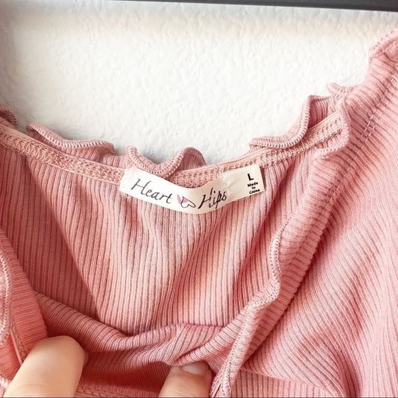 Heart & Hips | Off the shoulders Ribbed Mini Dress Lettuce Trim- Pink - Picture 4 of 4